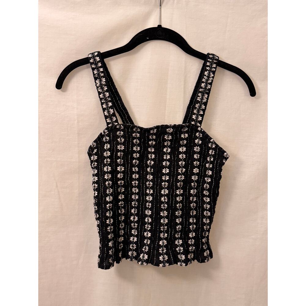 American Eagle Black Stretchy Cami Top with White Floral Design